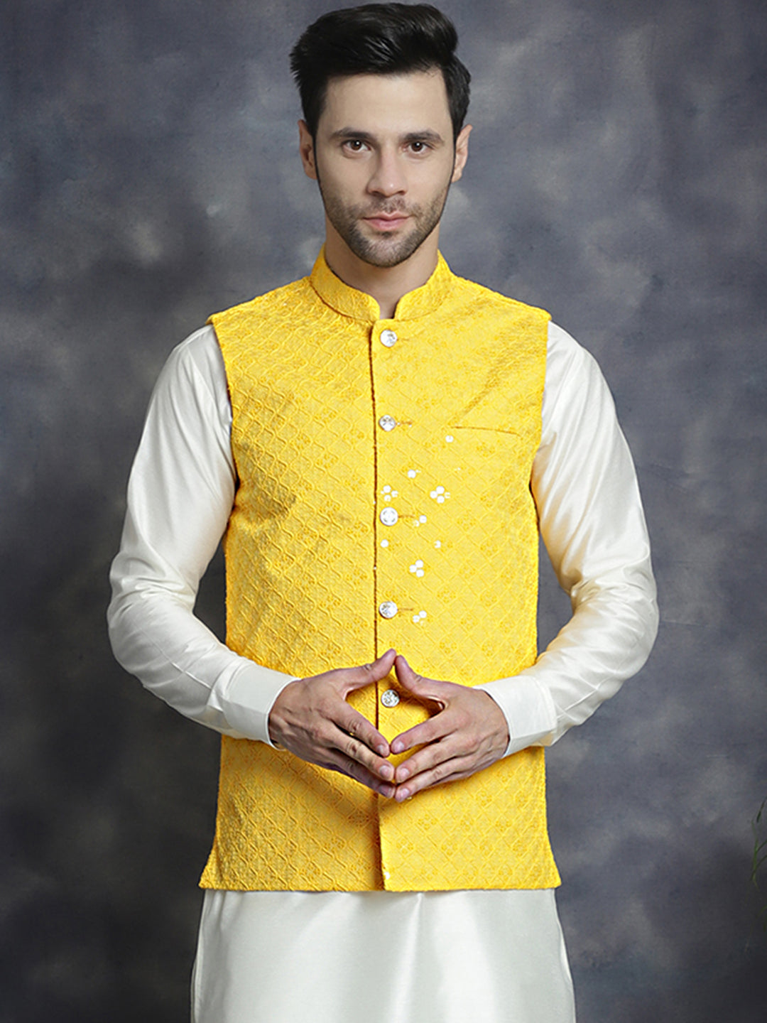 Jompers Men's embroidered and sequins Nehru Jacket - Yellow - Distacart