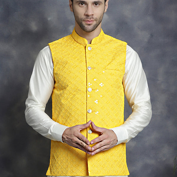 Jompers Men's embroidered and sequins Nehru Jacket - Yellow - Distacart