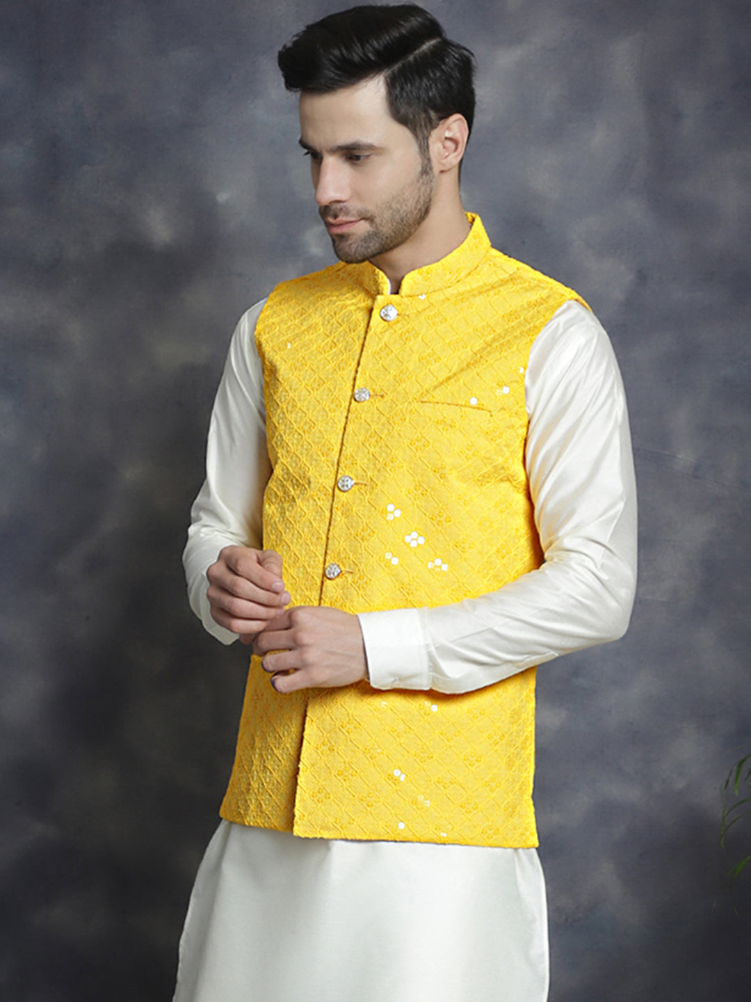 Jompers Men's embroidered and sequins Nehru Jacket - Yellow - Distacart