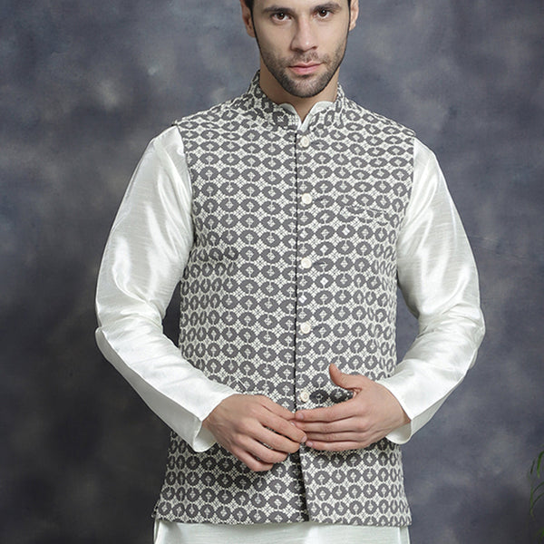 Jompers Men's embroidered and sequins Nehru Jacket - Grey - Distacart