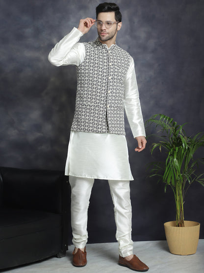 Jompers Men's embroidered and sequins Nehru Jacket - Grey - Distacart
