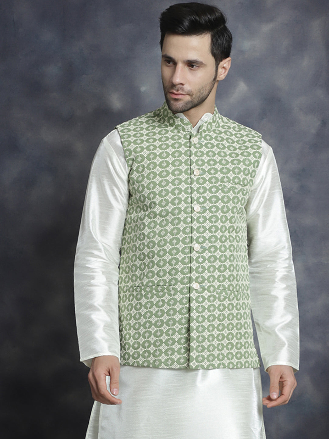 Jompers Men's embroidered and sequins Nehru Jacket - Mehndi - Distacart