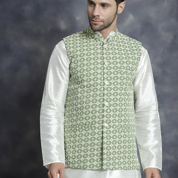 Jompers Men's embroidered and sequins Nehru Jacket - Mehndi - Distacart
