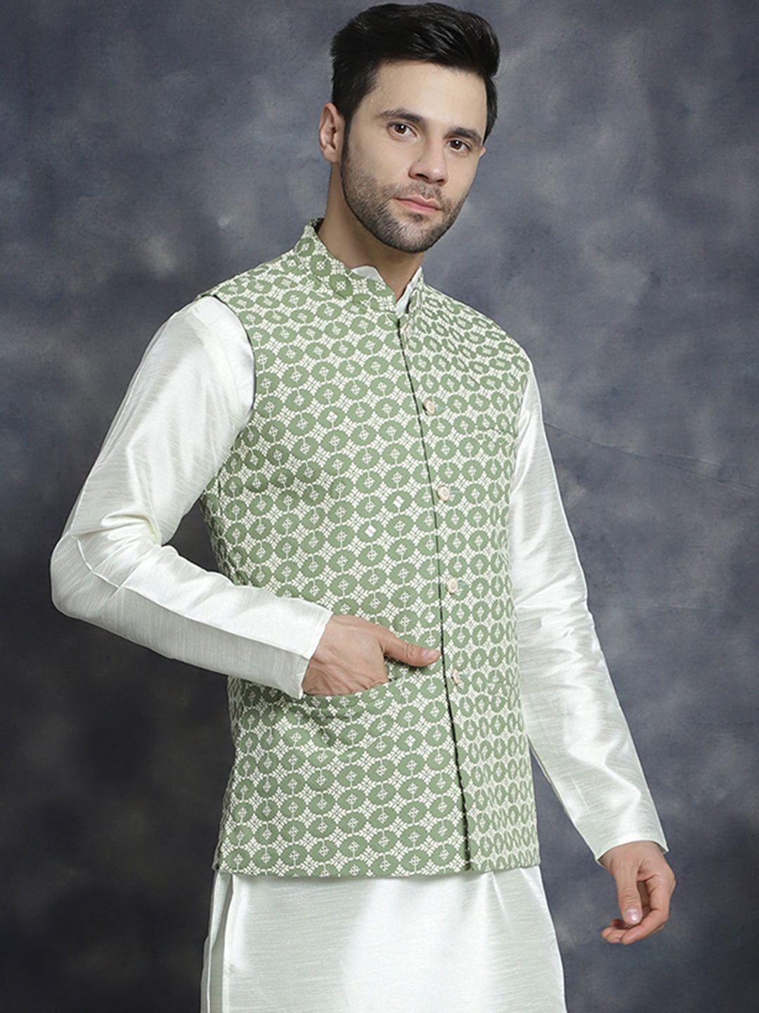 Jompers Men's embroidered and sequins Nehru Jacket - Mehndi - Distacart