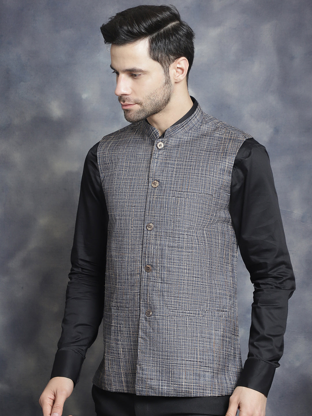 Jompers Men's Woven Design Nehru Jacket - Charcoal - Distacart