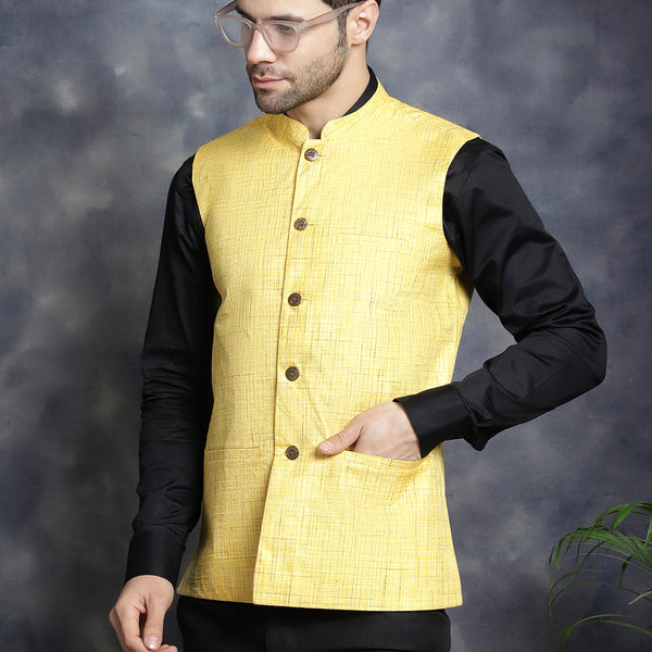 Jompers Men's Woven Design Nehru Jacket - Yellow - Distacart