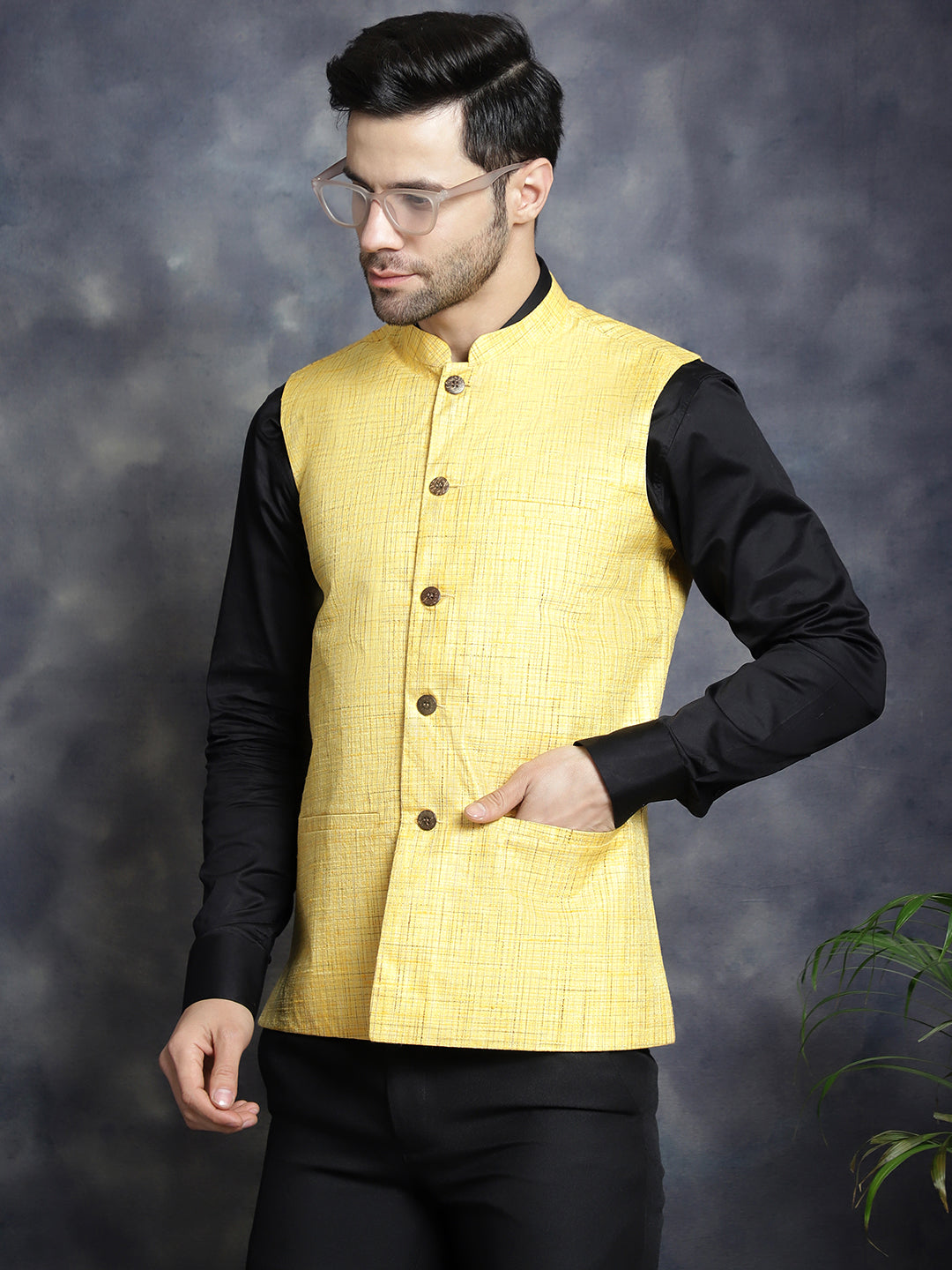 Jompers Men's Woven Design Nehru Jacket - Yellow - Distacart