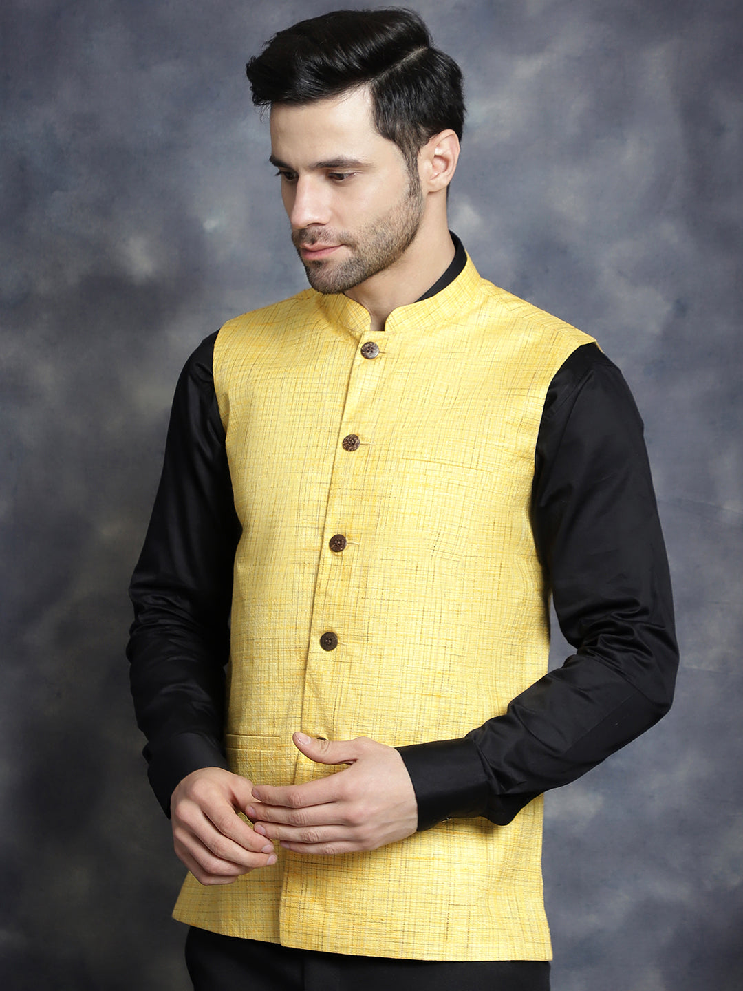 Jompers Men's Woven Design Nehru Jacket - Yellow - Distacart