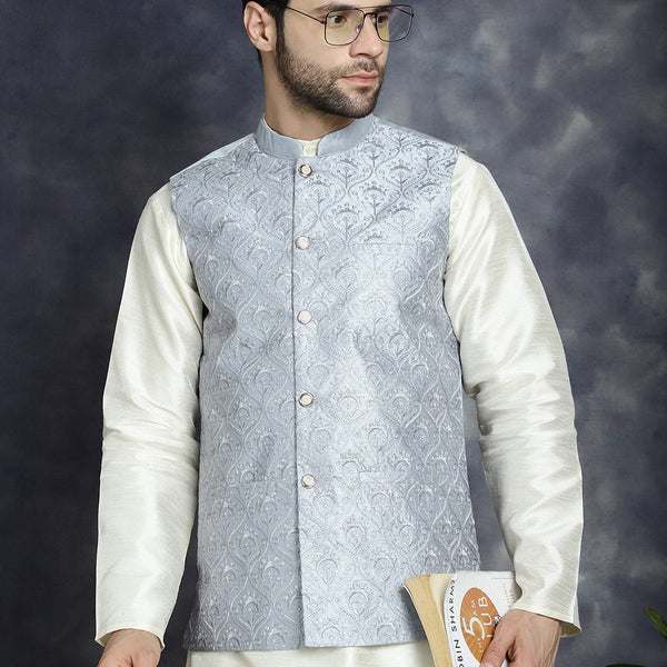 Jompers Men's Sequins and Embroidred Nehru Jacket - Grey - Distacart
