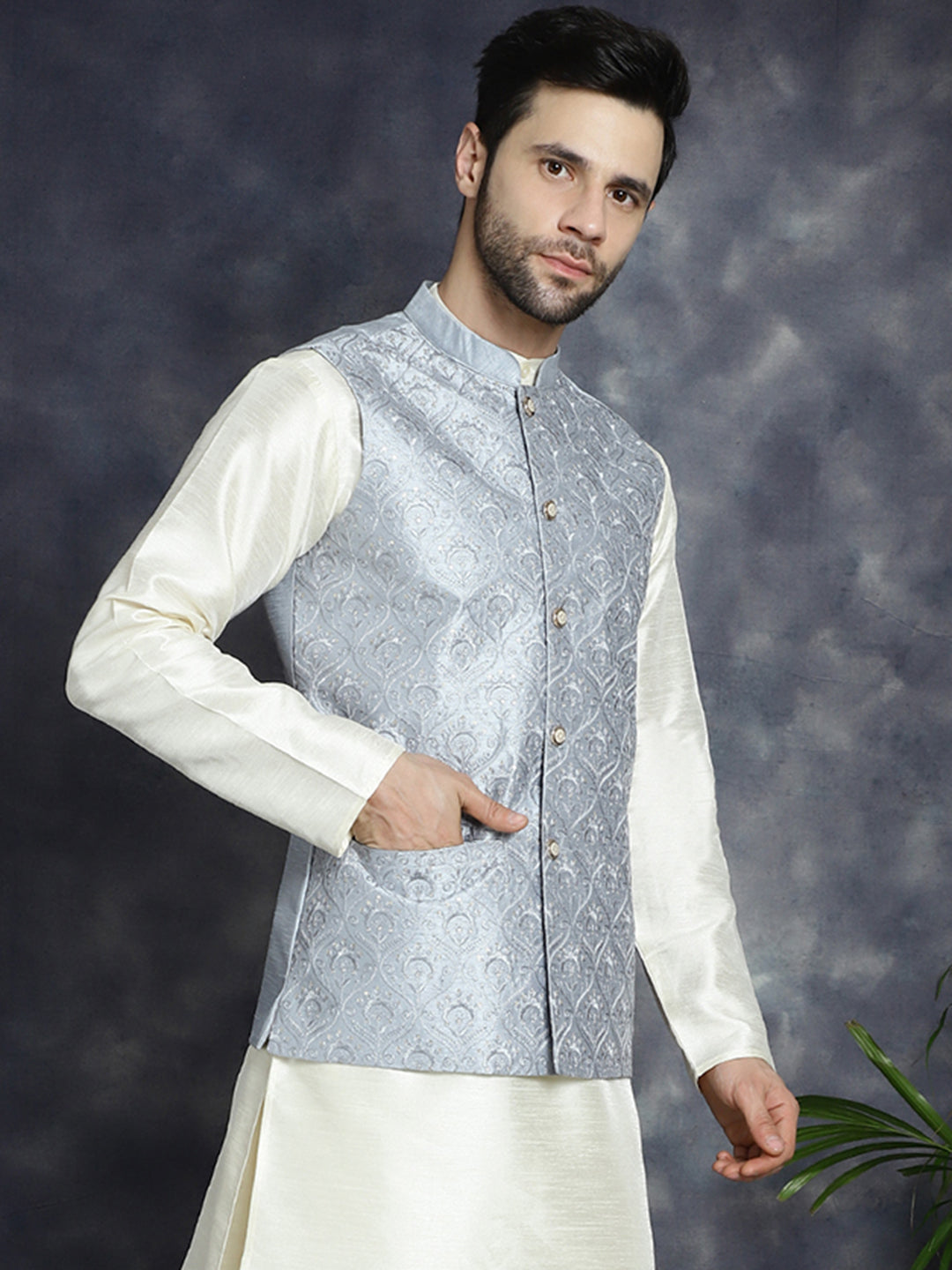 Jompers Men's Sequins and Embroidred Nehru Jacket - Grey - Distacart