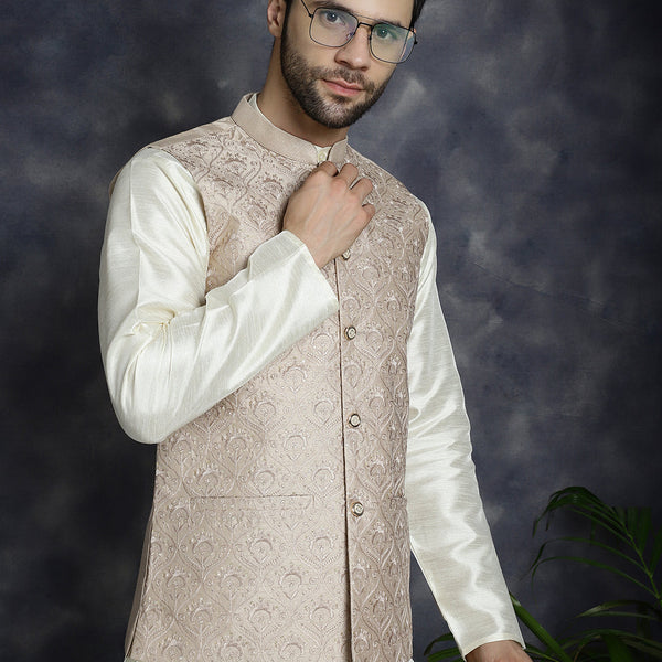 Jompers Men's Sequins and Embroidred Nehru Jacket - Peach - Distacart