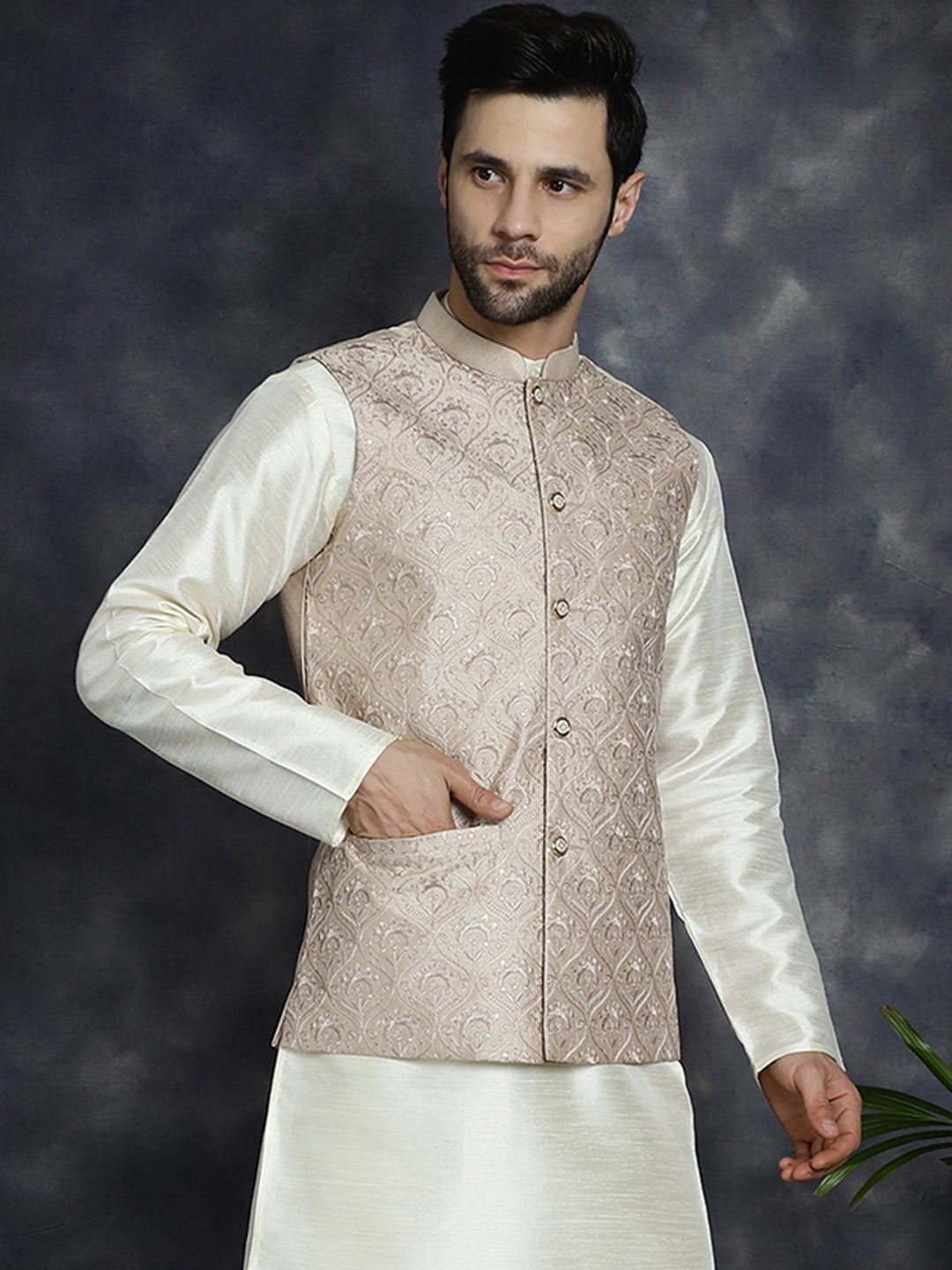 Jompers Men's Sequins and Embroidred Nehru Jacket - Peach - Distacart