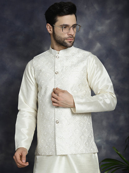Jompers Men's Sequins and Embroidred Nehru Jacket - White - Distacart
