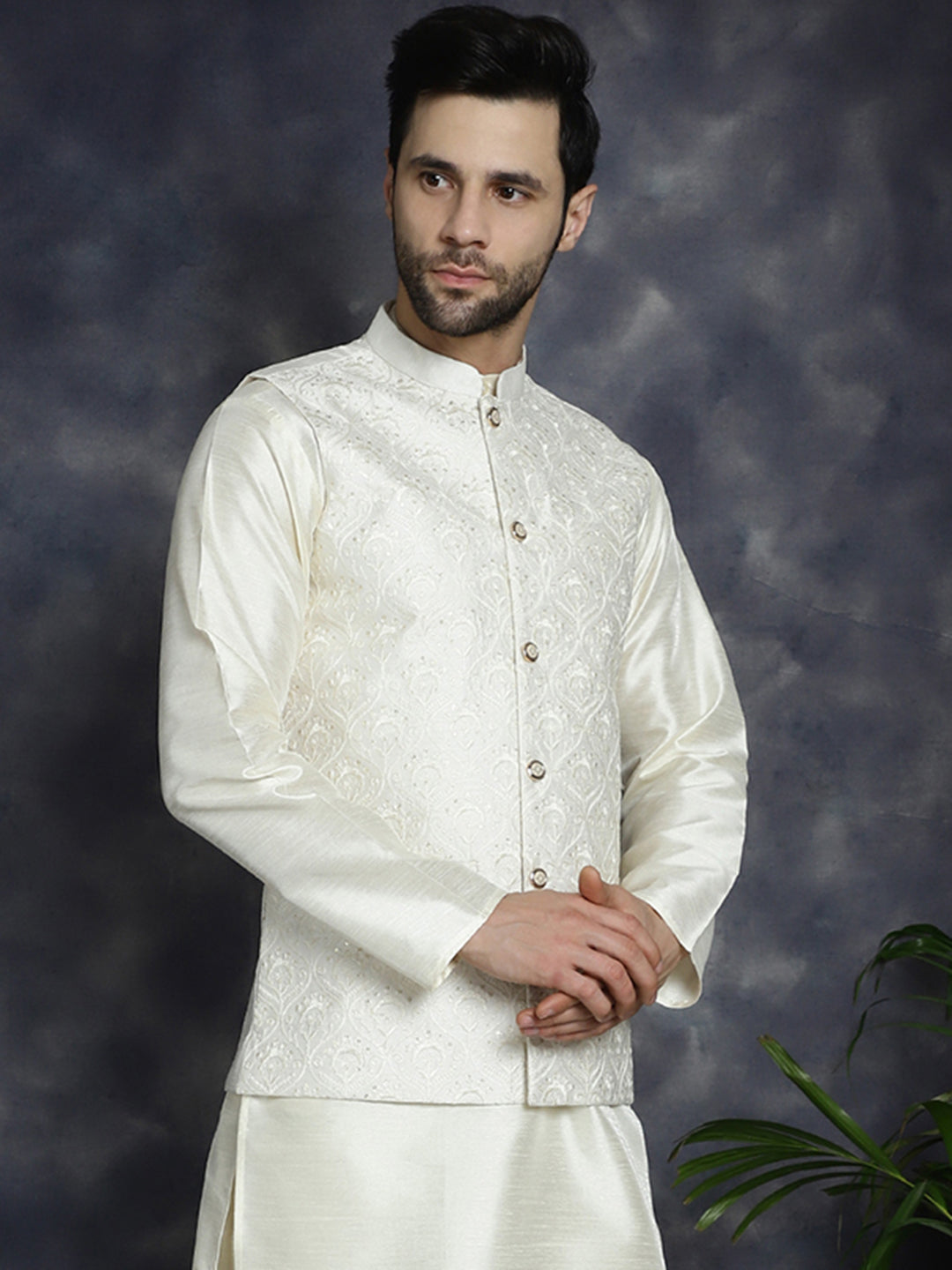 Jompers Men's Sequins and Embroidred Nehru Jacket - White - Distacart