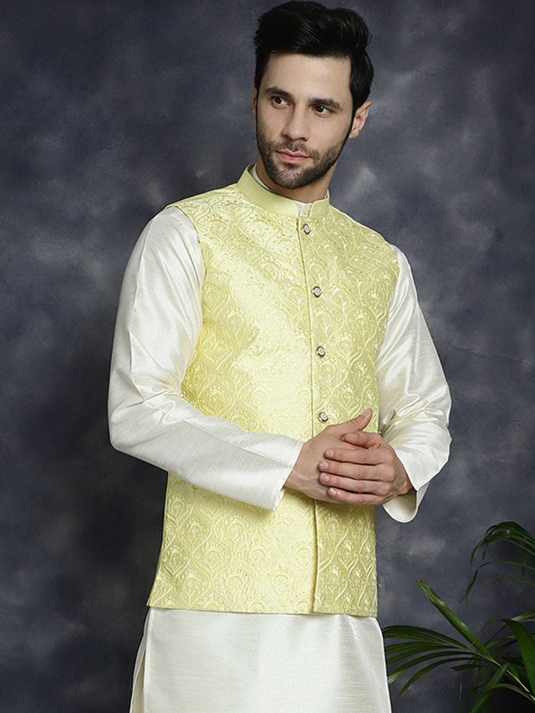 Jompers Men's Sequins and Embroidred Nehru Jacket - Yellow - Distacart