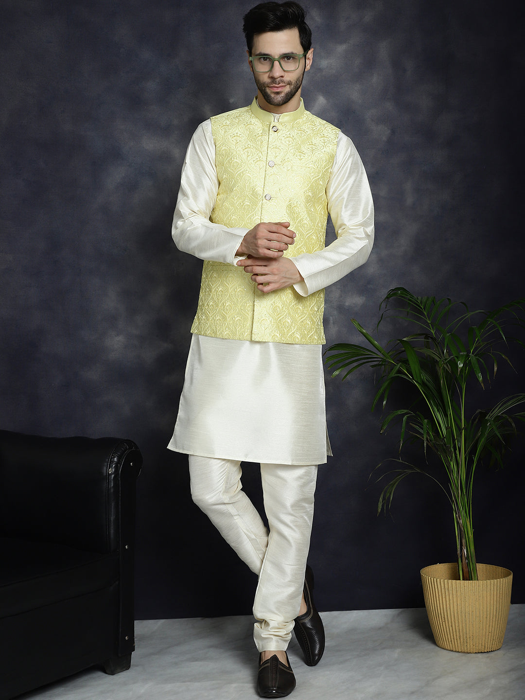 Jompers Men's Sequins and Embroidred Nehru Jacket - Yellow - Distacart