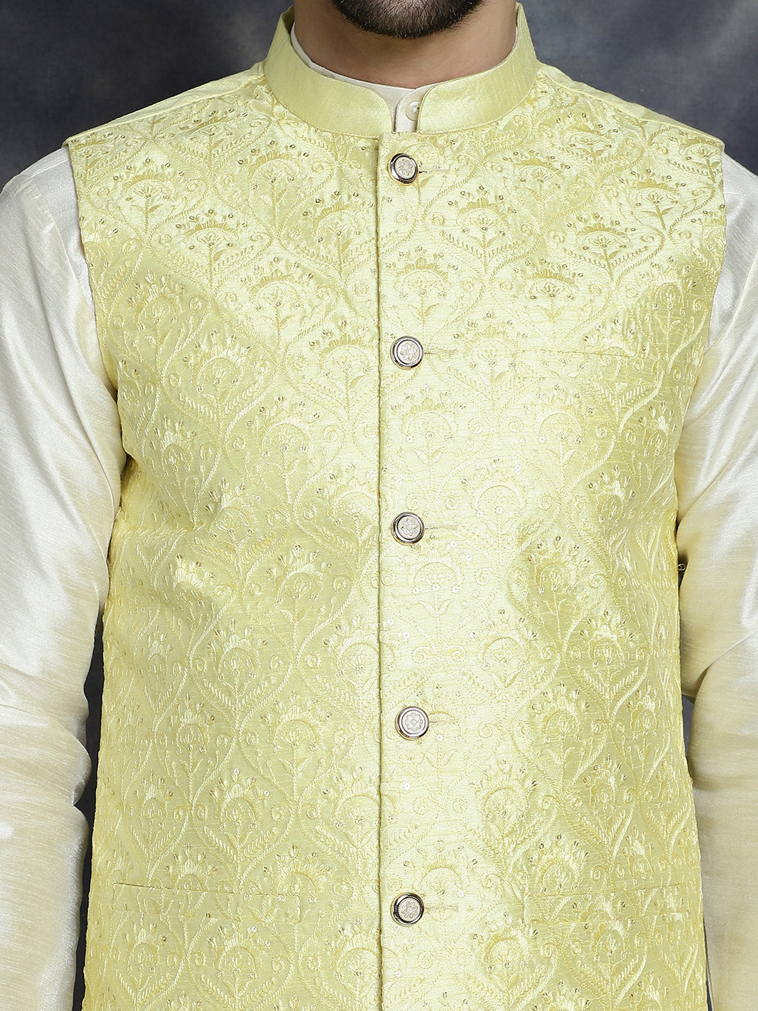 Jompers Men's Sequins and Embroidred Nehru Jacket - Yellow - Distacart