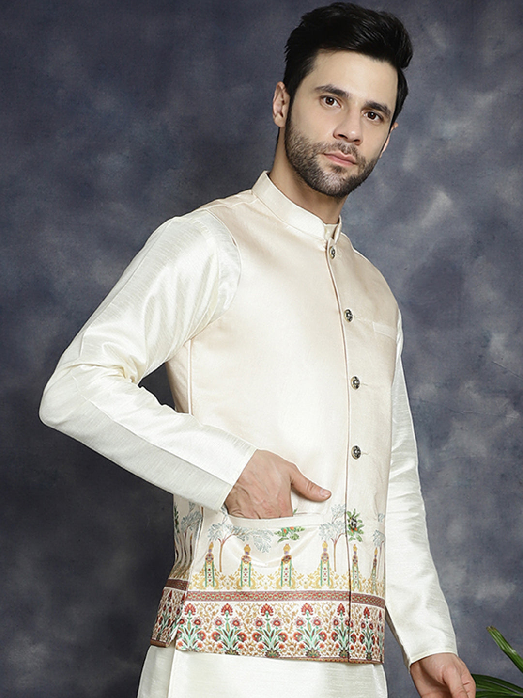 Jompers Men's Printed Nehru Jacket - Golden - Distacart