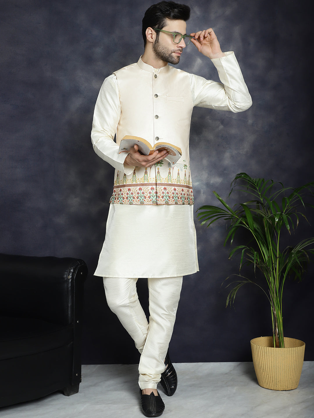 Jompers Men's Printed Nehru Jacket - Golden - Distacart