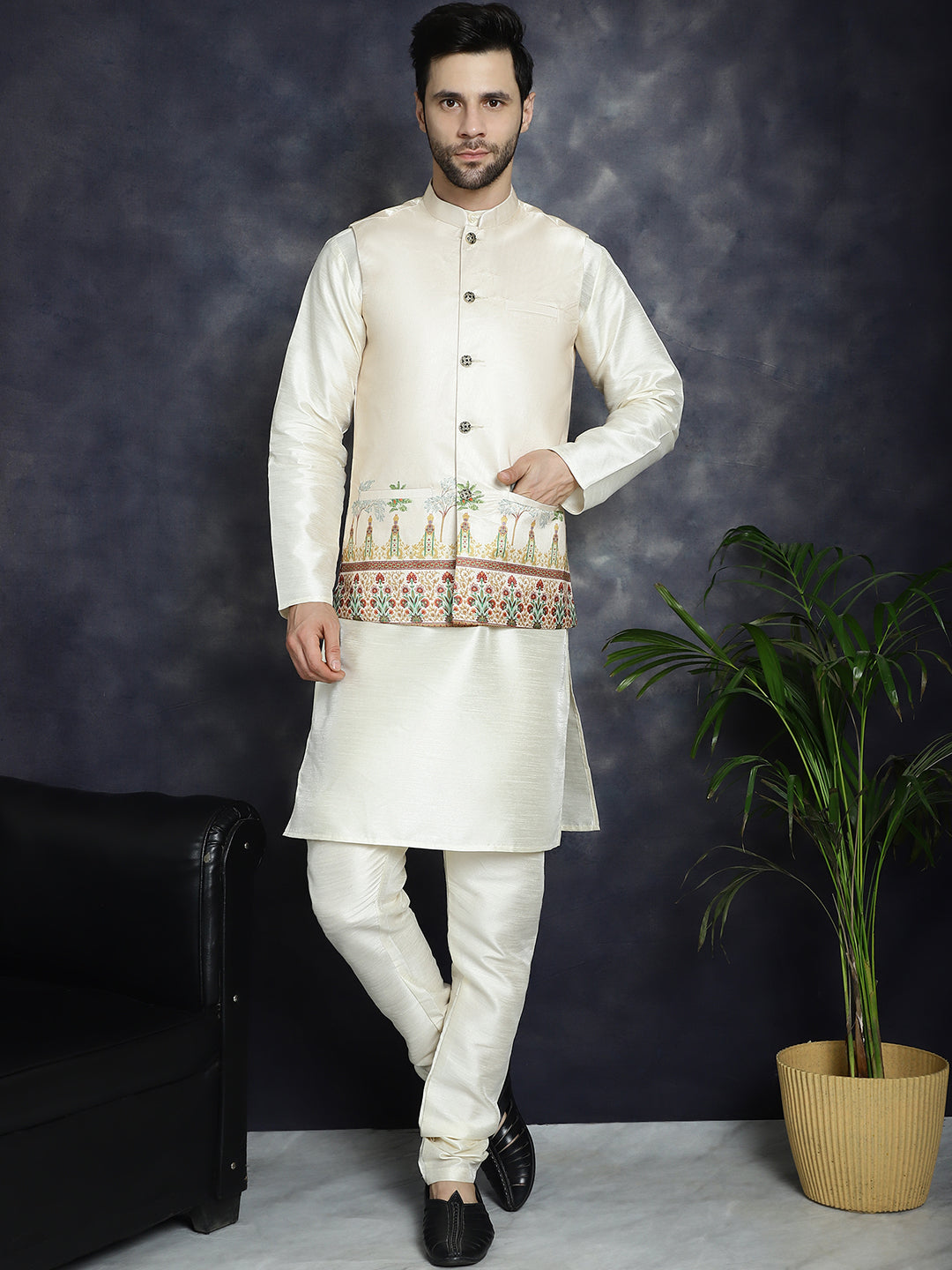 Jompers Men's Printed Nehru Jacket - Golden - Distacart