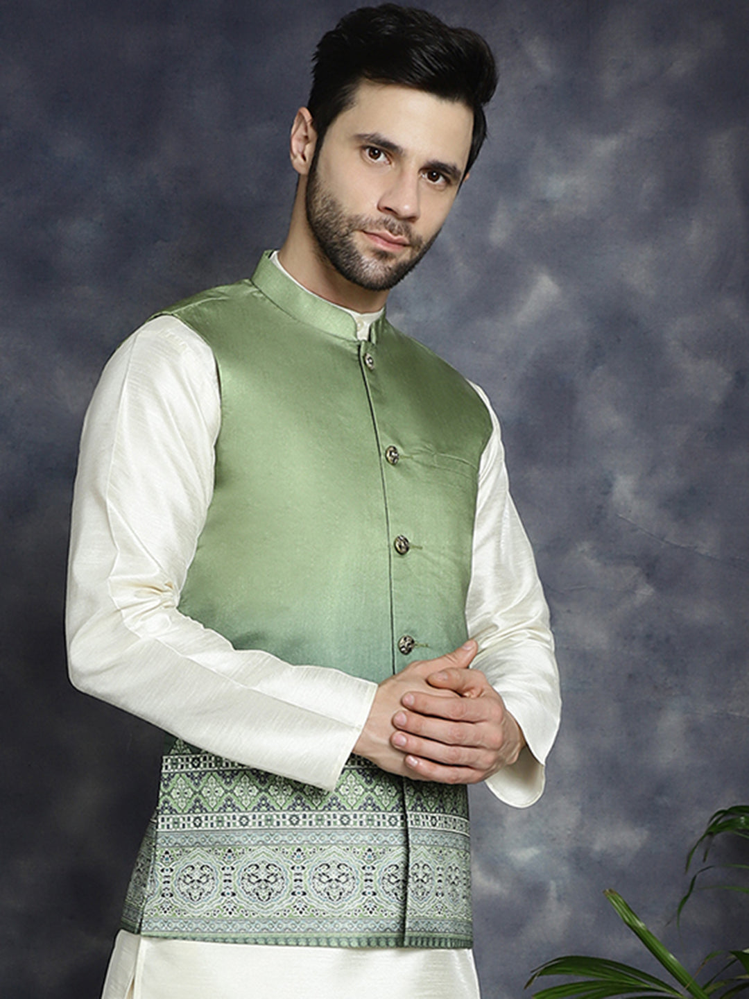 Jompers Men's Printed Nehru Jacket - Green - Distacart