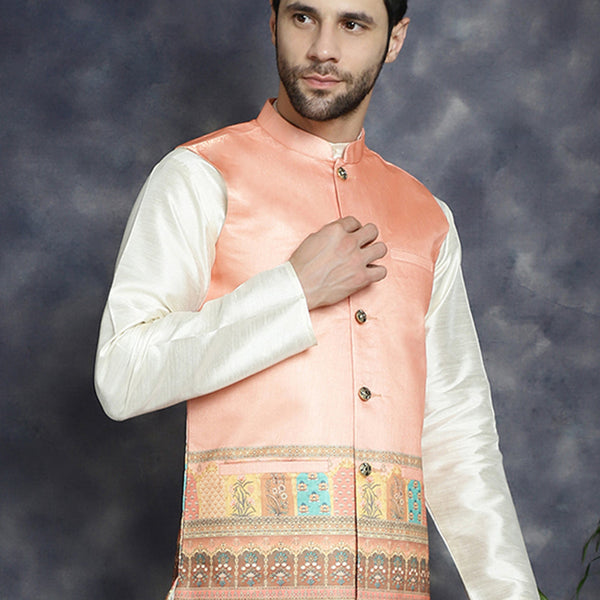 Jompers Men's Printed Nehru Jacket - Peach - Distacart