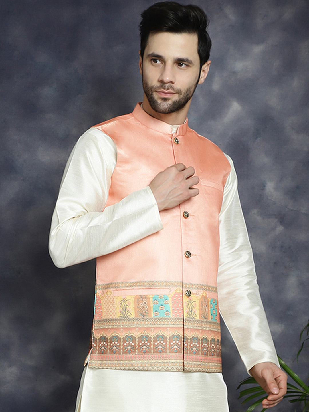 Jompers Men's Printed Nehru Jacket - Peach - Distacart