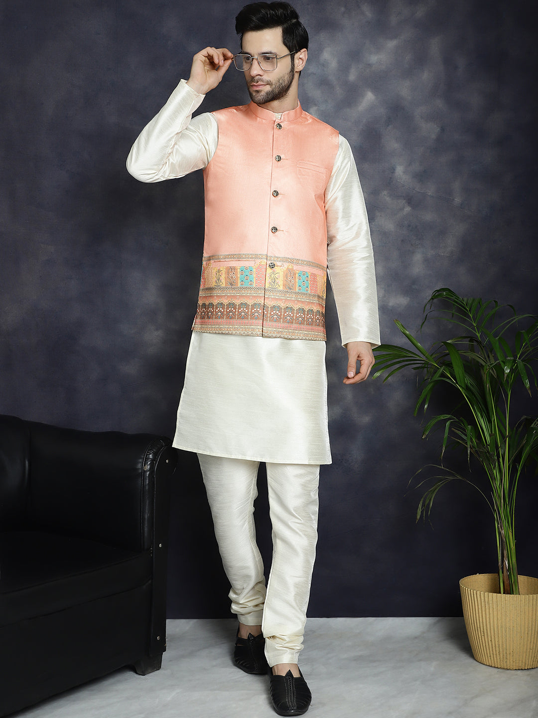 Jompers Men's Printed Nehru Jacket - Peach - Distacart