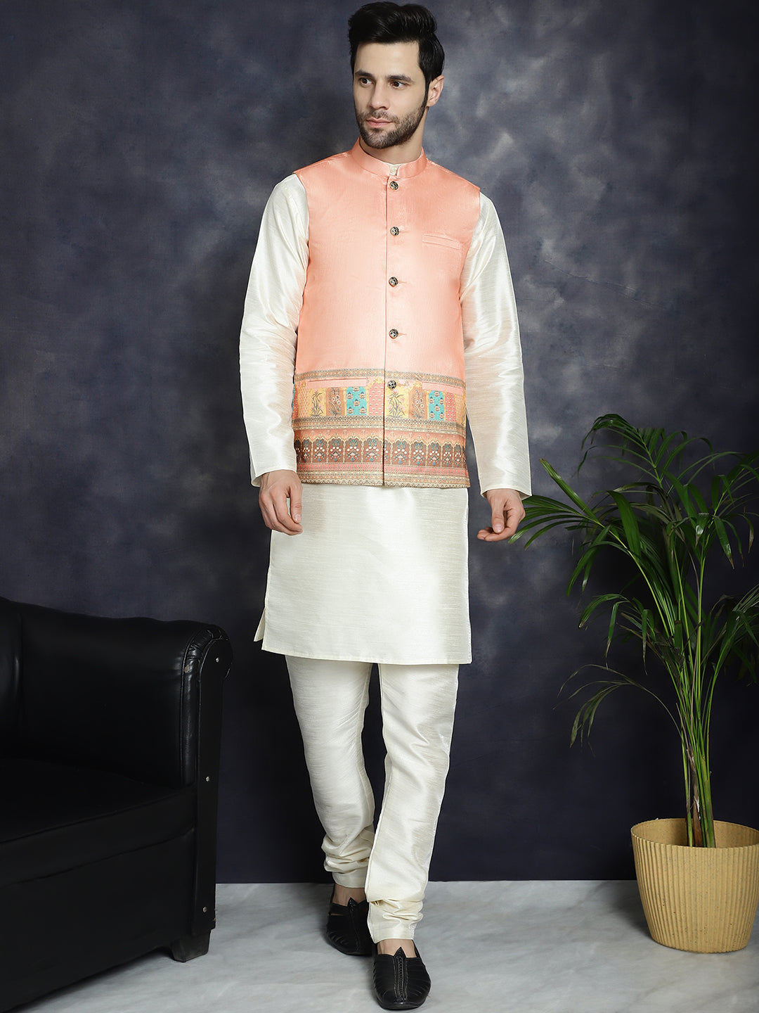 Jompers Men's Printed Nehru Jacket - Peach - Distacart
