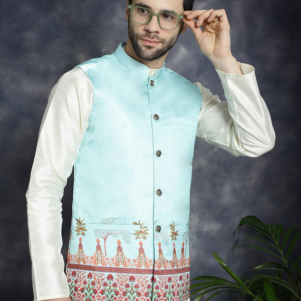 Jompers Men's Printed Nehru Jacket - Sky Blue - Distacart