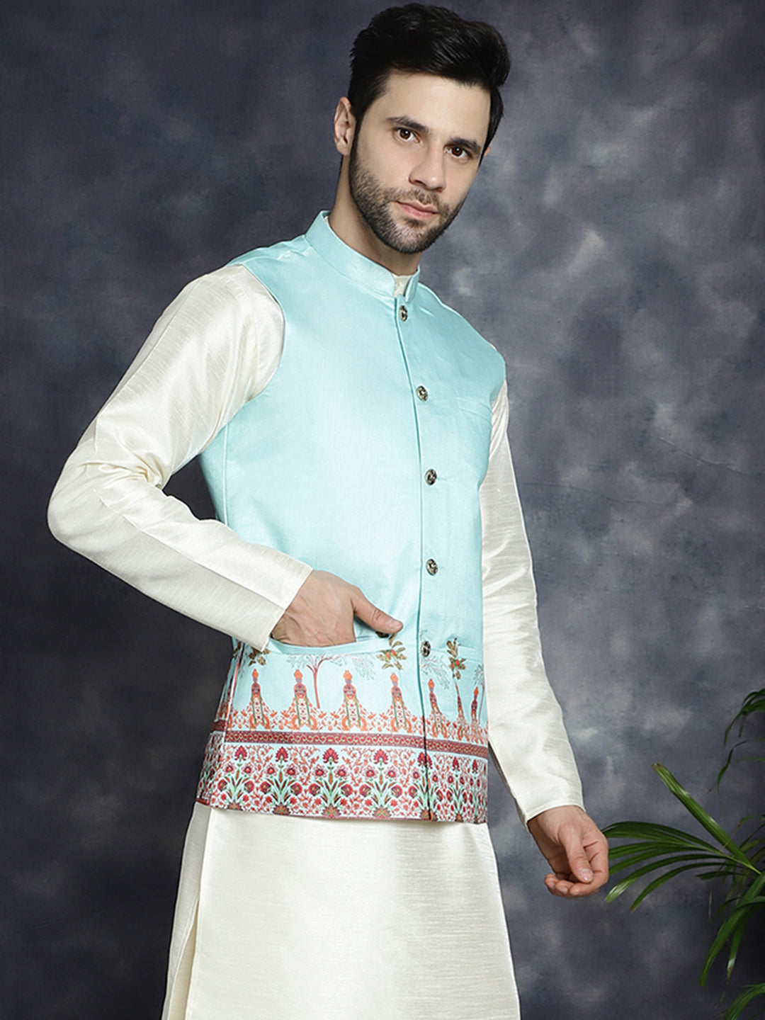 Jompers Men's Printed Nehru Jacket - Sky Blue - Distacart