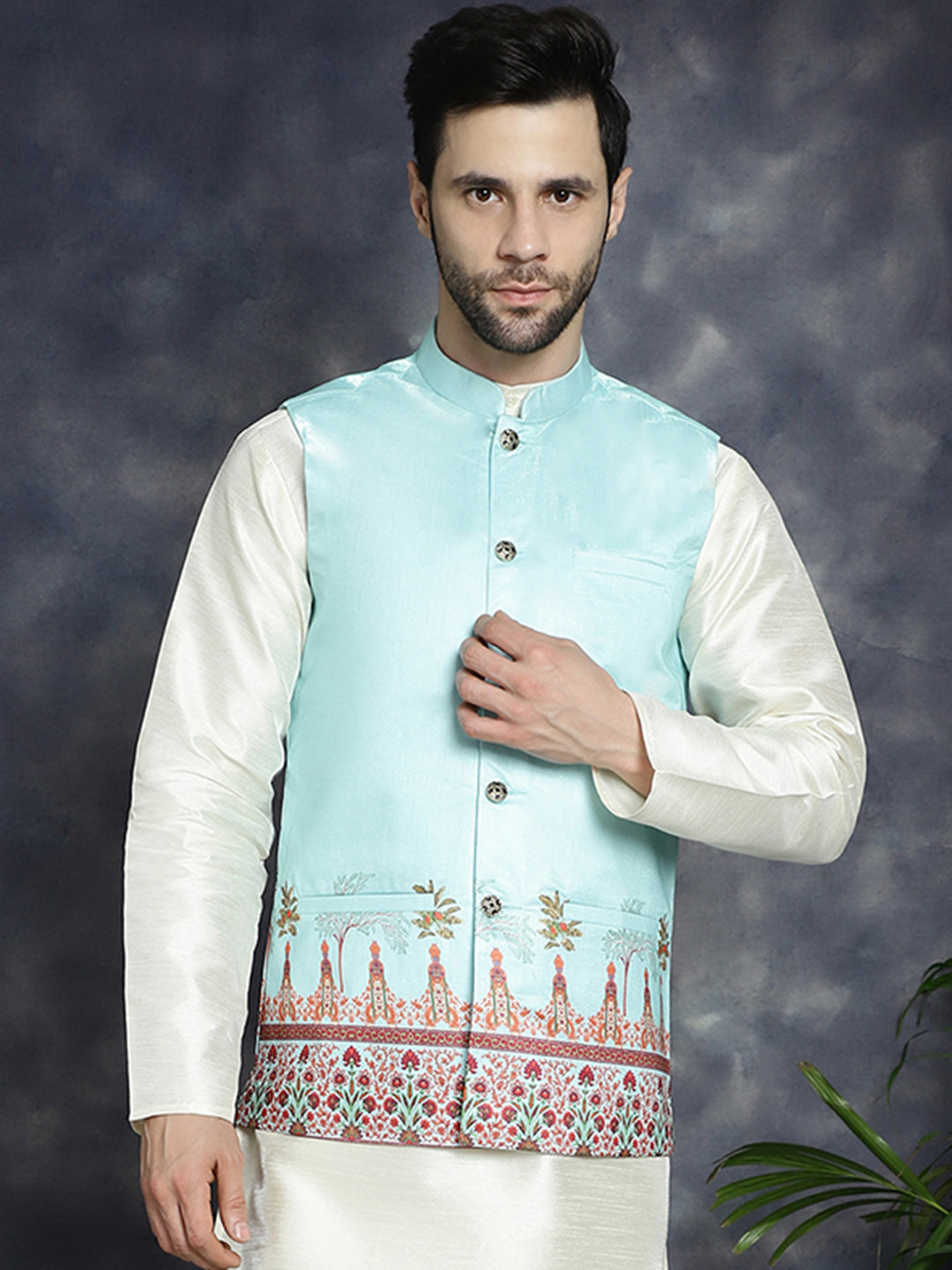 Jompers Men's Printed Nehru Jacket - Sky Blue - Distacart