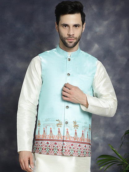 Jompers Men's Printed Nehru Jacket - Sky Blue - Distacart