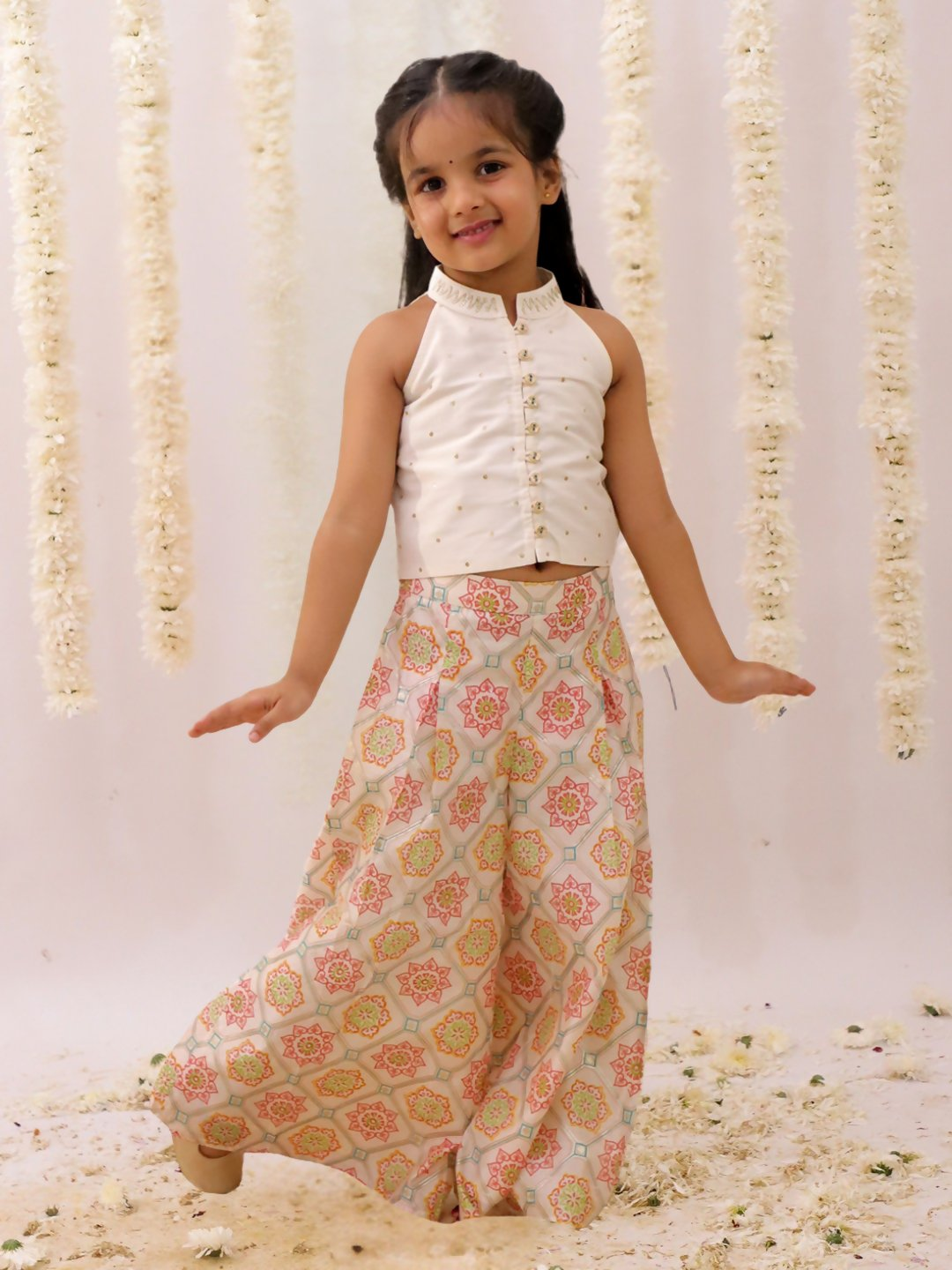 Lil Drama Mishti Off White Top and Pant Set For Girls