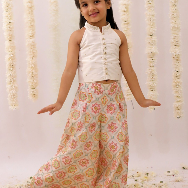 Lil Drama Mishti Off White Top and Pant Set For Girls