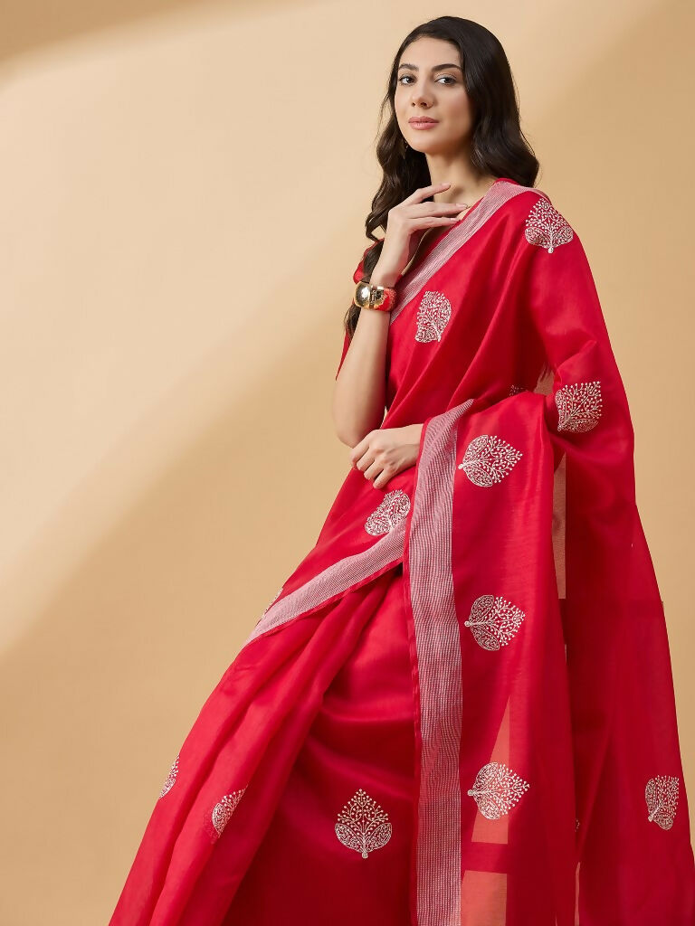 Red Cotton Blend Thread Embroidered Saree with Unstitched Blouse - Satya - Distacart