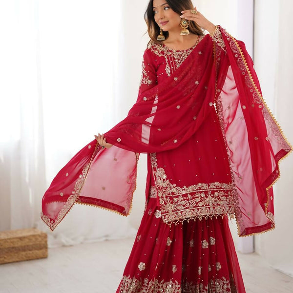 Teeya Creation Red Color Faux Georgette Embroidery Work Wedding Wear Sharara - Distacart