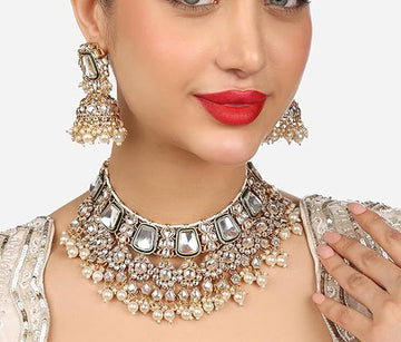 Jewel City Traditional Handcrafted Kundan Pearl Choker Necklace Set with Jhumka Earrings and Maang Tikka – Bridal Jewelry Set - Distacart