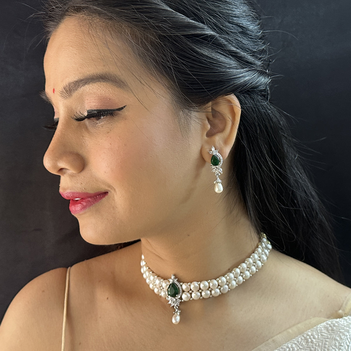 J Pearls Dual Line White Pearl Choker - Distacart