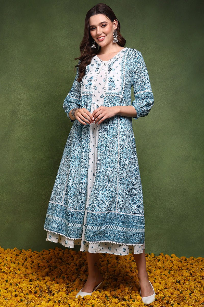 Ahika White and Green Cotton Ethnic Motifs Printed Maxi Ethnic Dress With Longline Shrug - Distacart