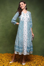 Thumbnail for Ahika White and Green Cotton Ethnic Motifs Printed Maxi Ethnic Dress With Longline Shrug - Distacart