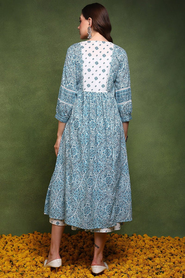 Ahika White and Green Cotton Ethnic Motifs Printed Maxi Ethnic Dress With Longline Shrug - Distacart