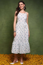 Thumbnail for Ahika White and Green Cotton Ethnic Motifs Printed Maxi Ethnic Dress With Longline Shrug - Distacart