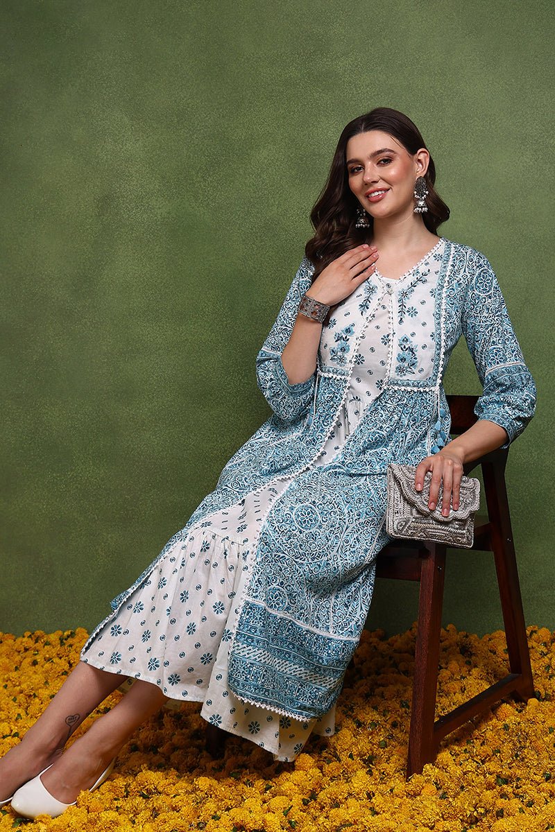 Ahika White and Green Cotton Ethnic Motifs Printed Maxi Ethnic Dress With Longline Shrug - Distacart