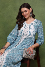 Thumbnail for Ahika White and Green Cotton Ethnic Motifs Printed Maxi Ethnic Dress With Longline Shrug - Distacart