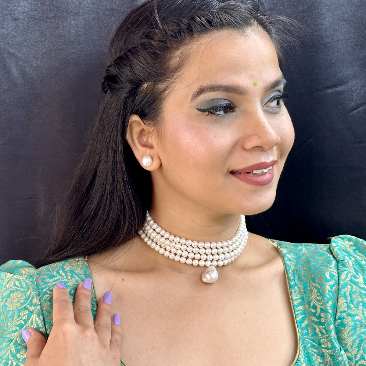 J Pearls Iha 4 Lines Round Pearl Choker Set - Distacart