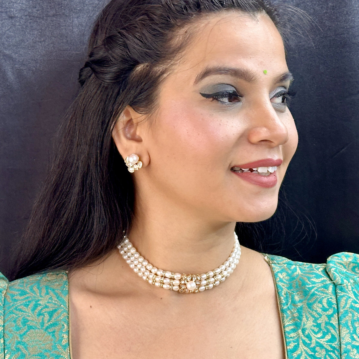 J Pearls Jasmine 3 Lines Pearl Choker Set - Distacart