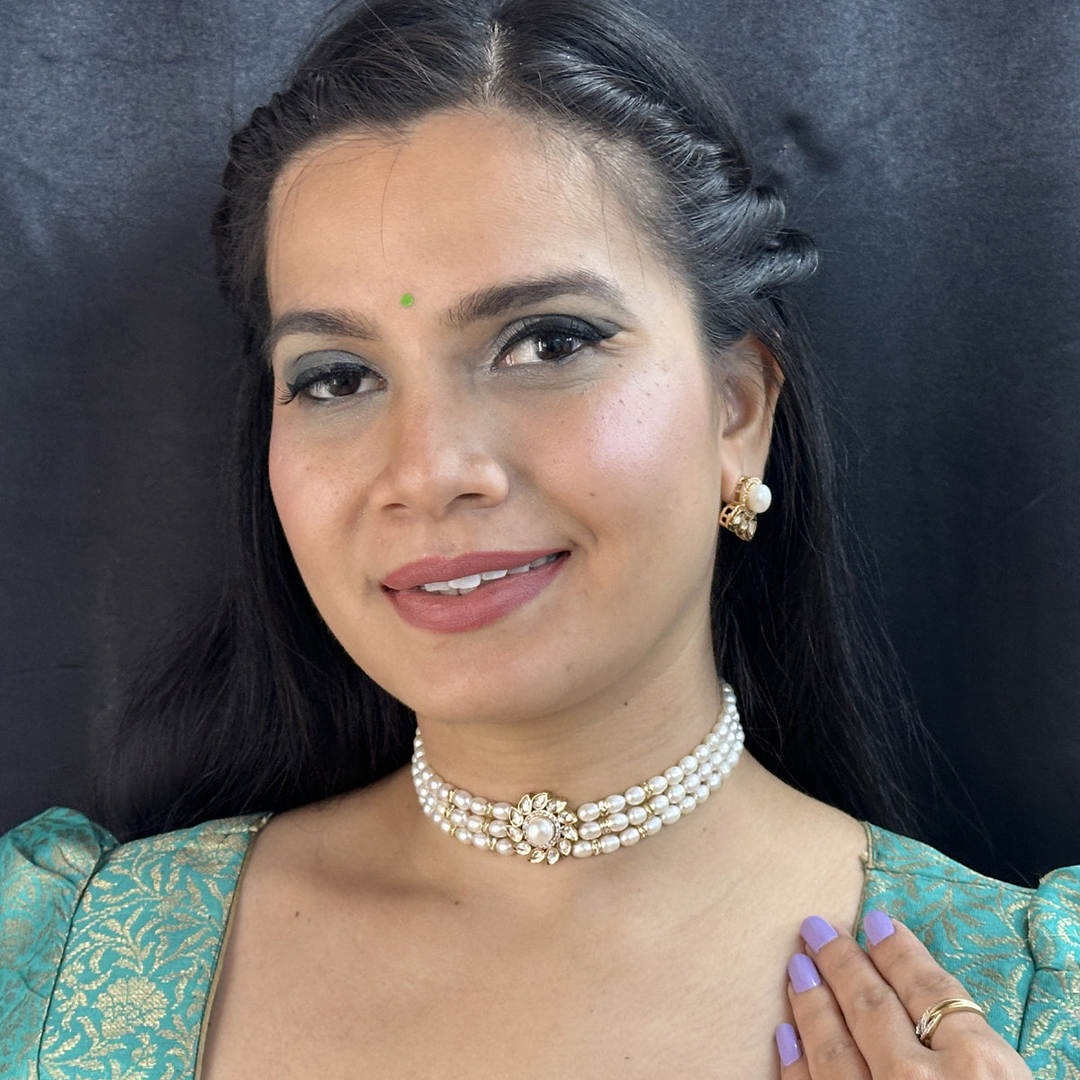 J Pearls Mahika 3 Lines Pearl Choker Set - Distacart