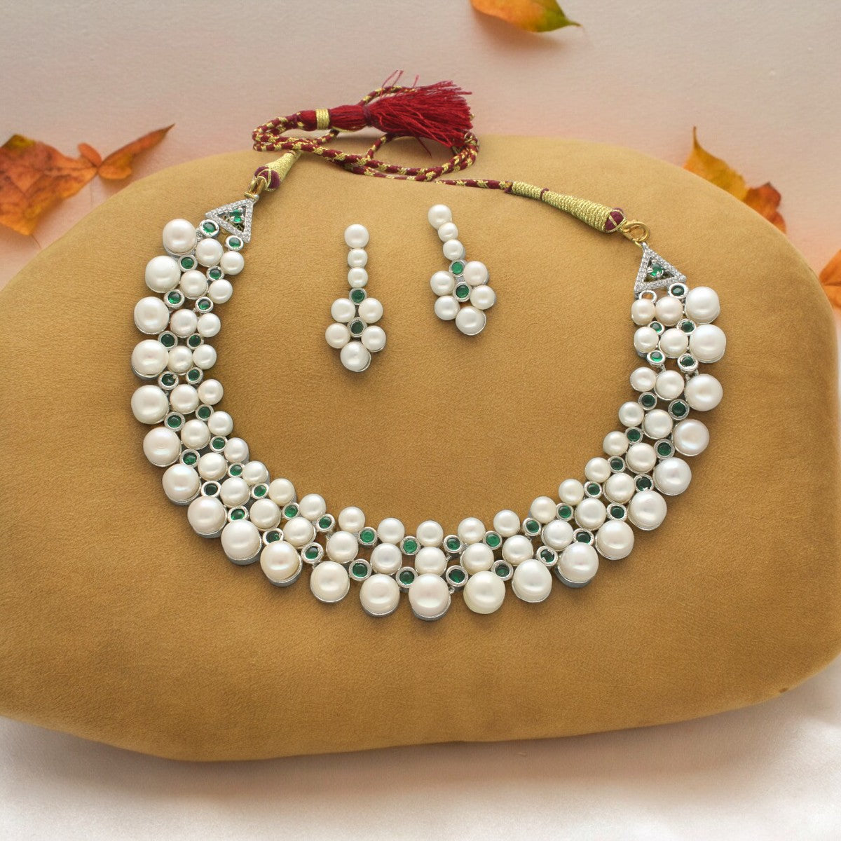 J Pearls Shimmering 3 line Pearl Necklace Set - Distacart