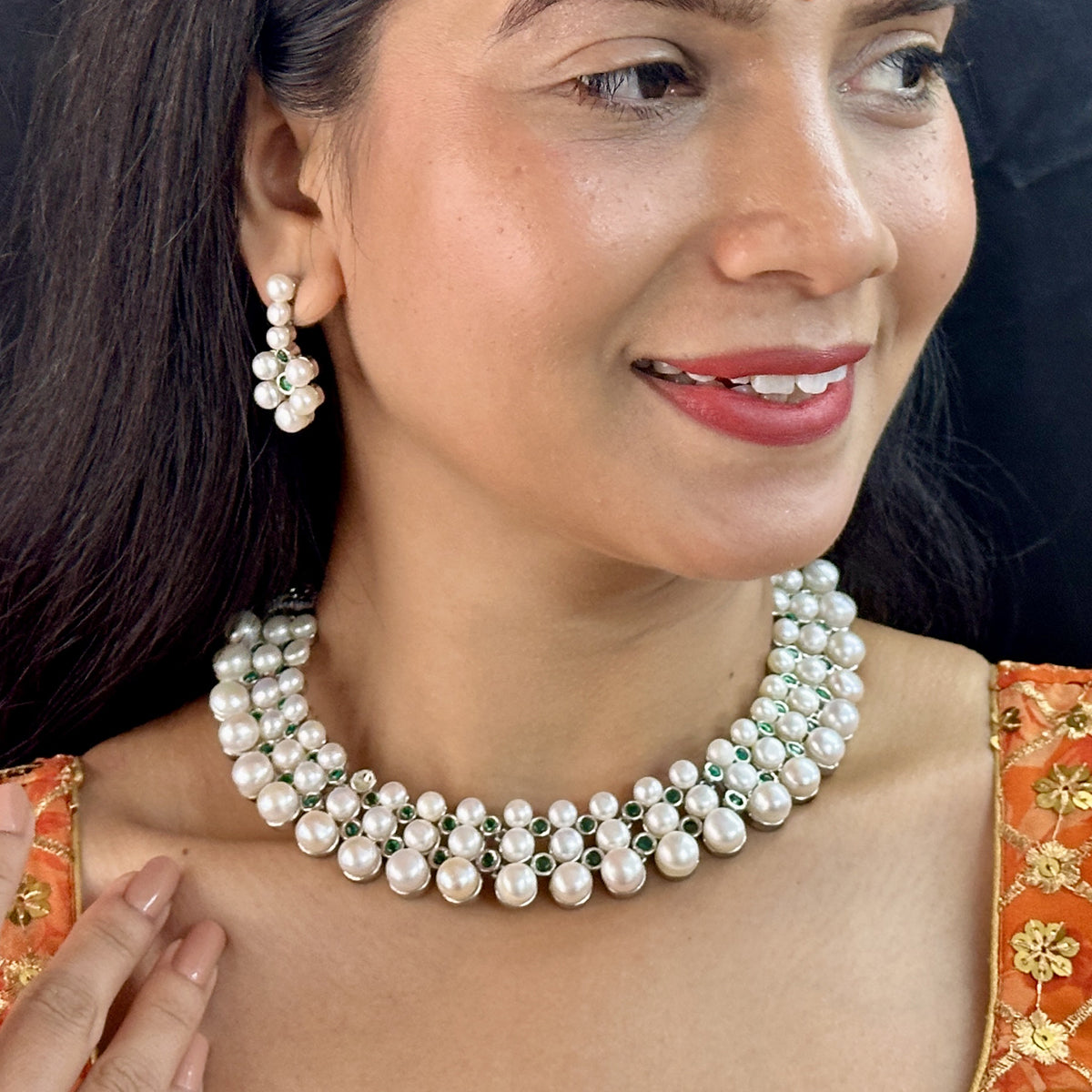 J Pearls Shimmering 3 line Pearl Necklace Set - Distacart
